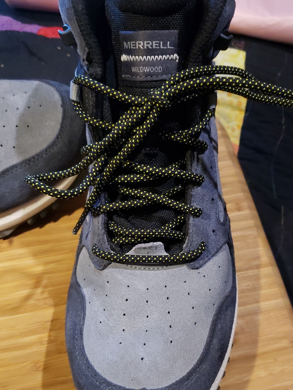 Merrell Wildwood Suede Hiking Boots in Gray with Yellow-Accent Laces